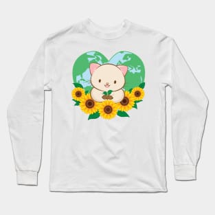 Love Our Planet Cute White Cat and Sunflowers Kawaii Earth Day Long Sleeve T-Shirt